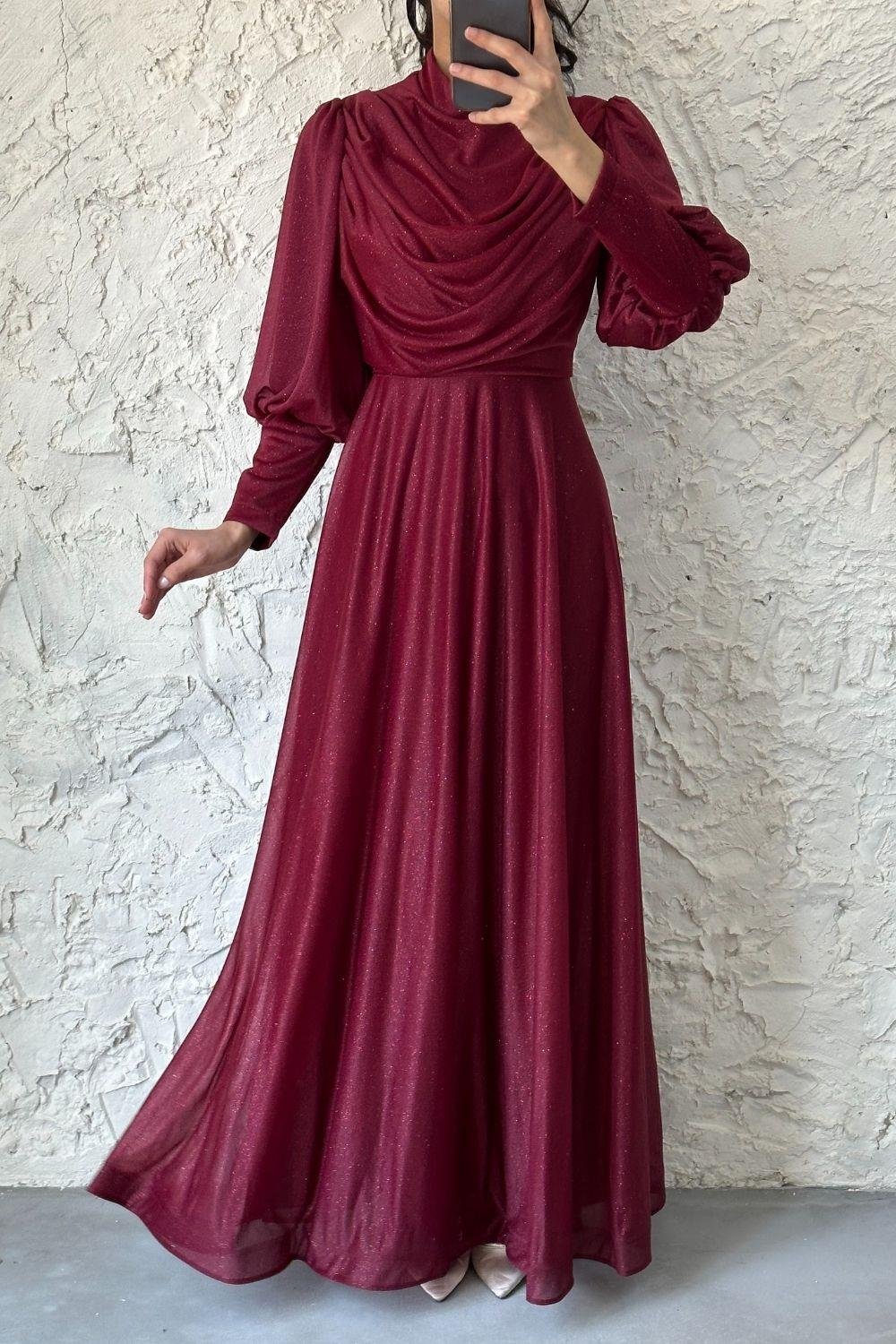 Boğazı Dökümlü Simli Abiye Bordo 4283 