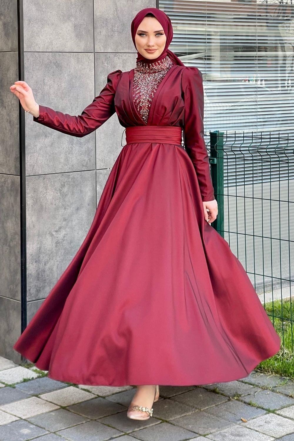 Yaka Pırıltılı Kafta Abiye Bordo 4313 