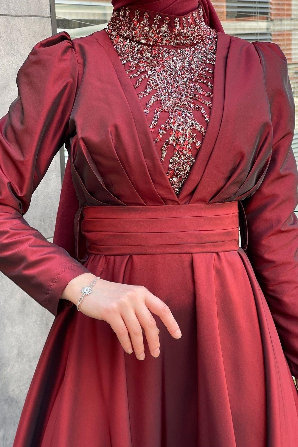 Yaka Pırıltılı Kafta Abiye Bordo 4313 