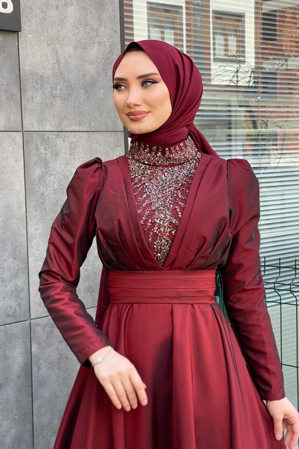 Yaka Pırıltılı Kafta Abiye Bordo 4313 