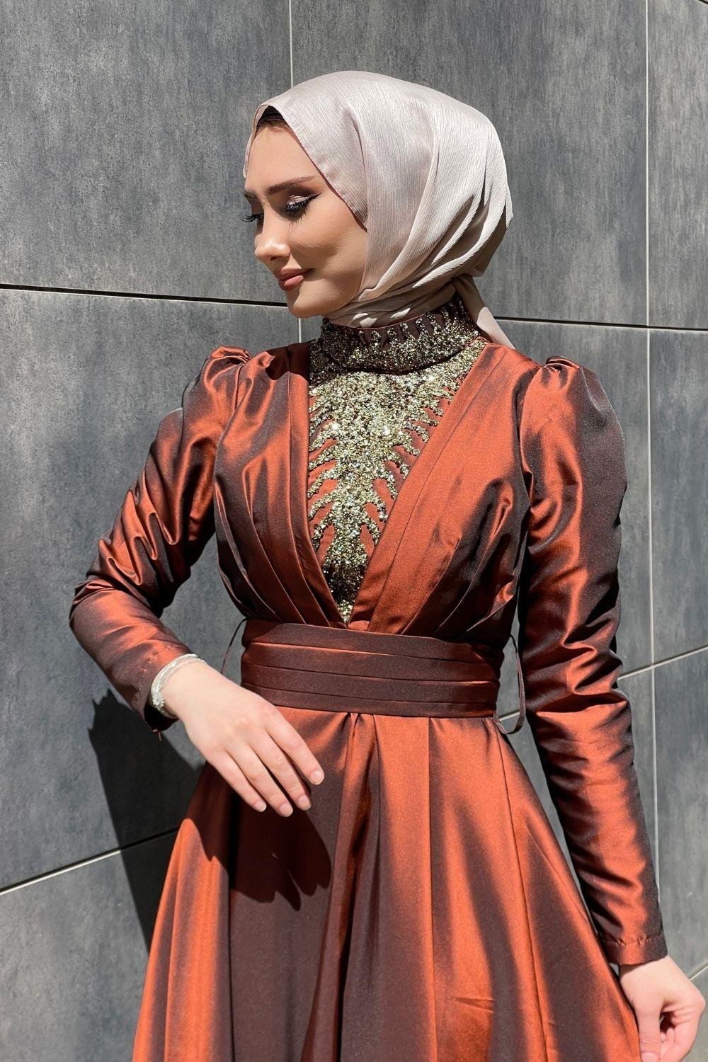 Yaka Pırıltılı Kafta Abiye Kiremit 4313 