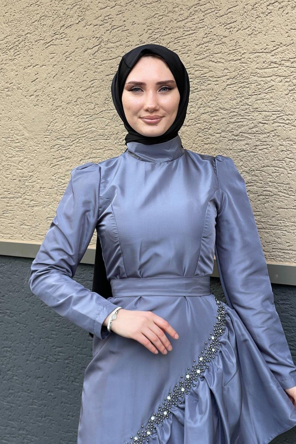Eteği İnci Taş İşlemeli Abiye Bebe Mavisi 4316 