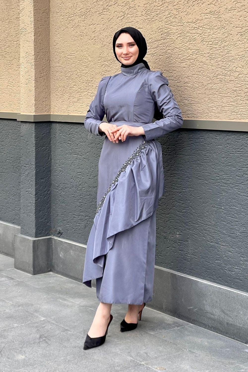 Eteği İnci Taş İşlemeli Abiye Bebe Mavisi 4316 