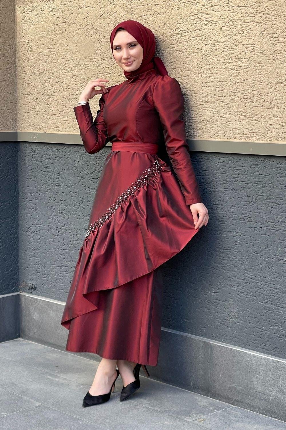 Eteği İnci Taş İşlemeli Abiye Bordo 4316 