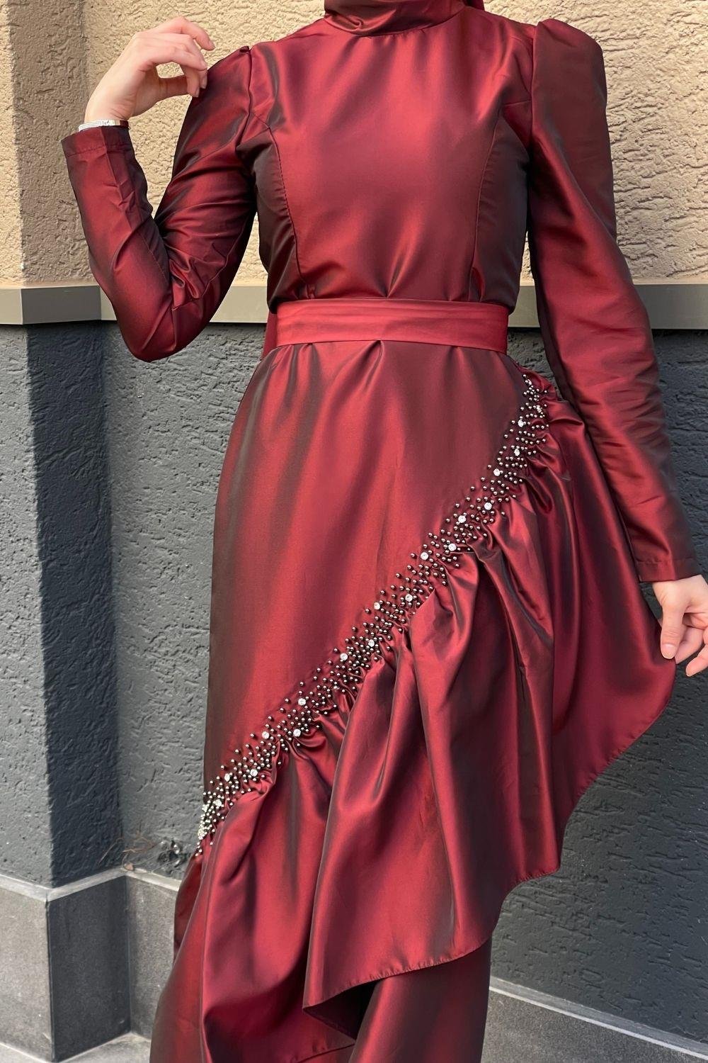 Eteği İnci Taş İşlemeli Abiye Bordo 4316 