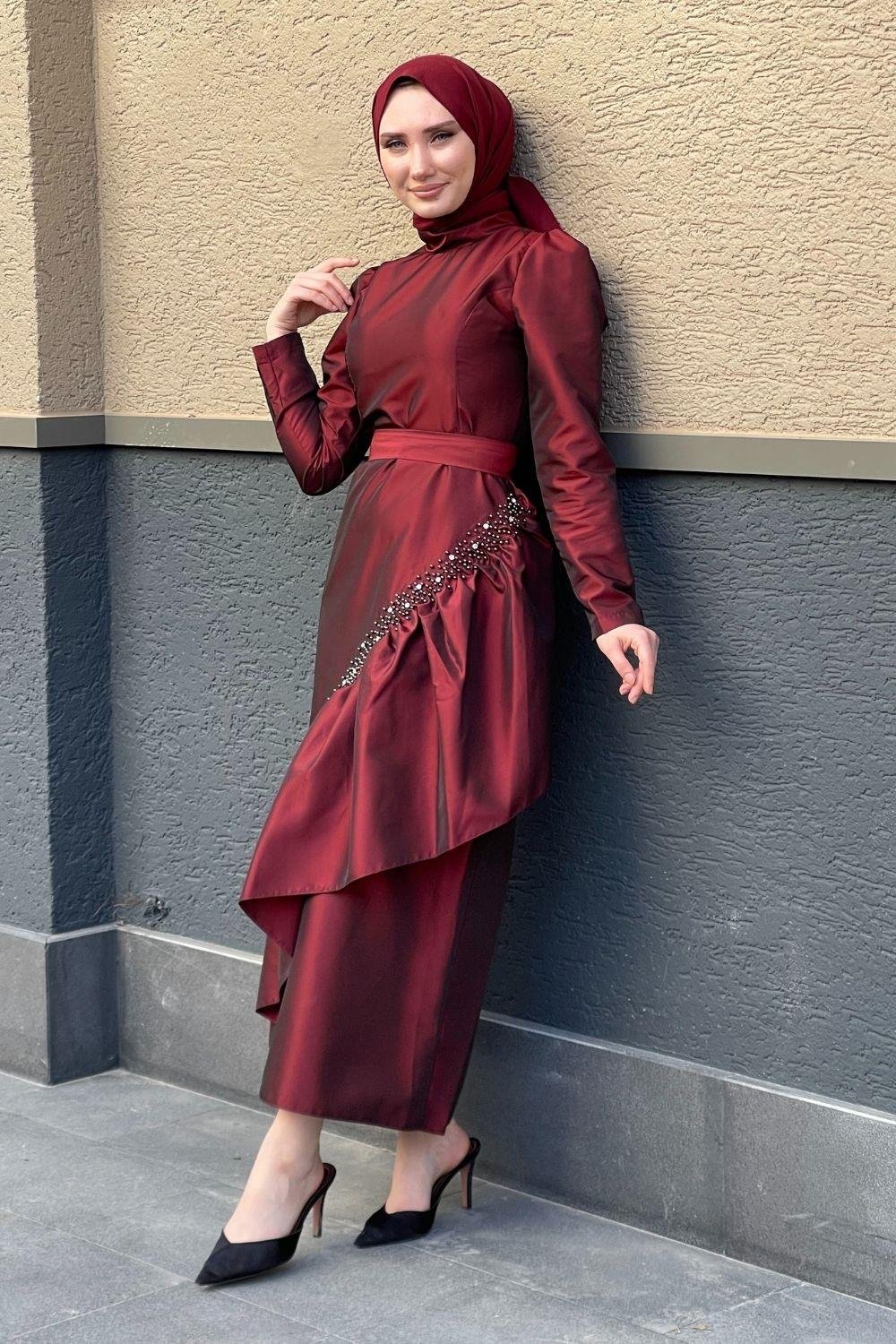 Eteği İnci Taş İşlemeli Abiye Bordo 4316 