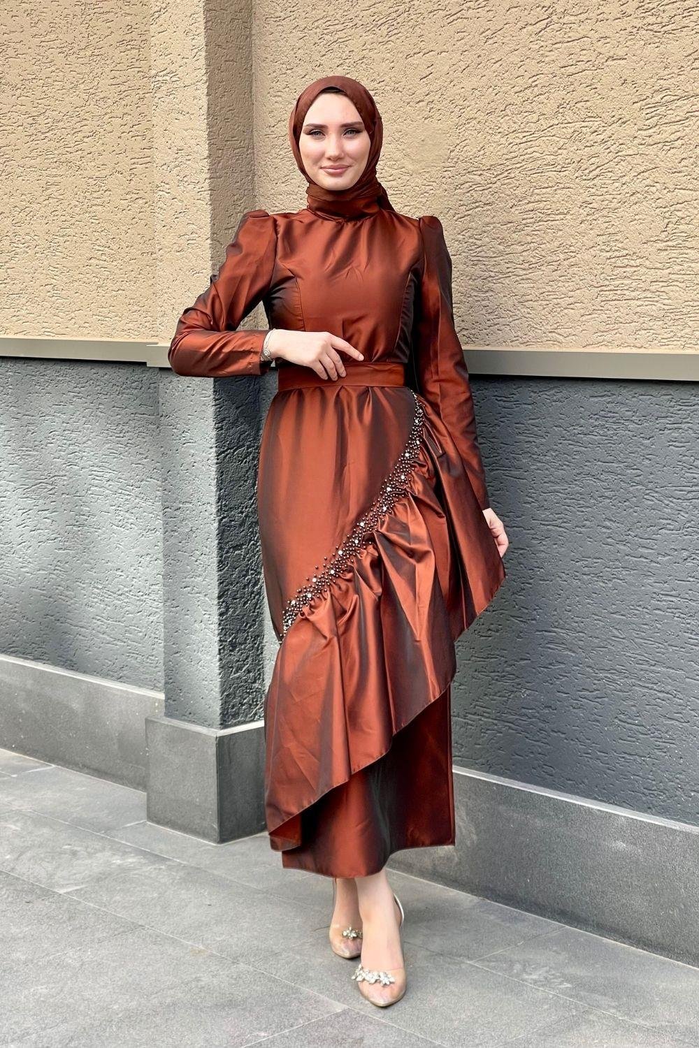 Eteği İnci Taş İşlemeli Abiye Kiremit 4316 