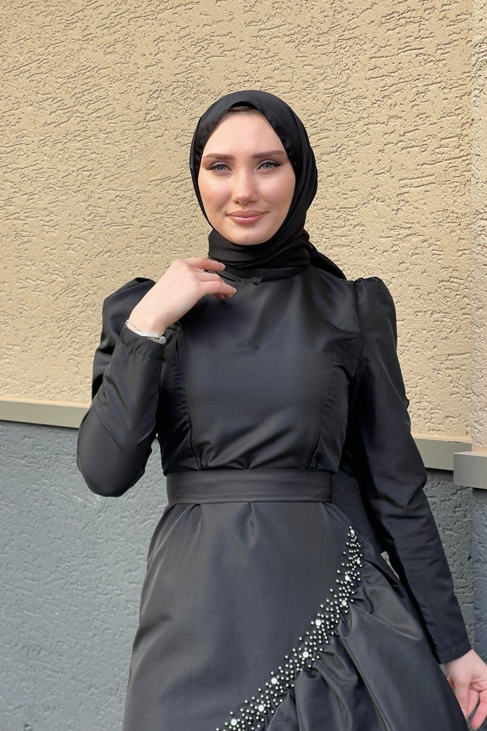 Eteği İnci Taş İşlemeli Abiye Siyah 4316 