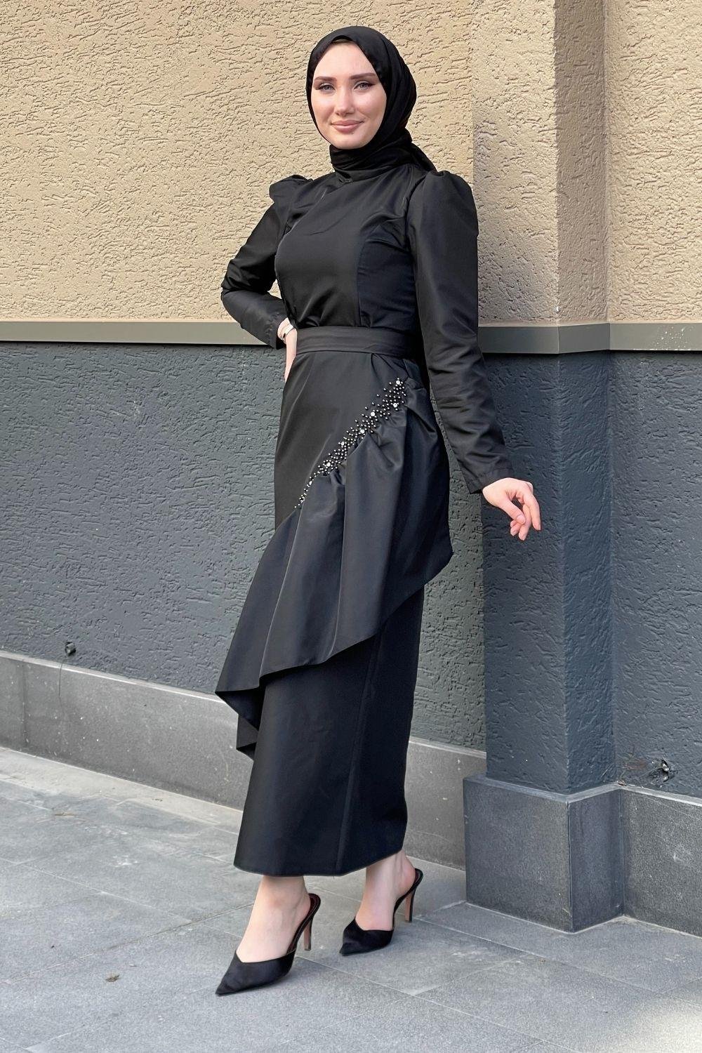 Eteği İnci Taş İşlemeli Abiye Siyah 4316 