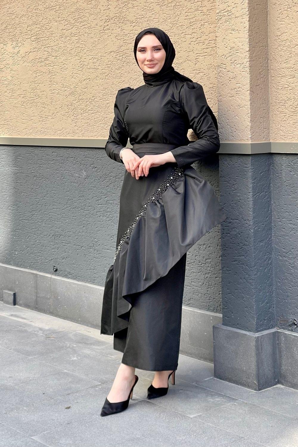 Eteği İnci Taş İşlemeli Abiye Siyah 4316 