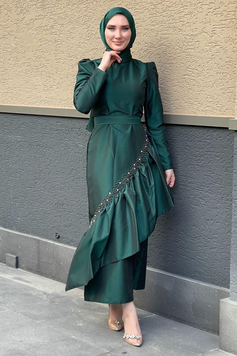 Eteği İnci Taş İşlemeli Abiye Yeşil 4316 