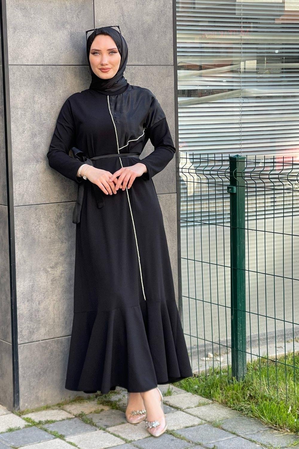 Şerit Taş İşlemeli Krep Abiye Siyah 4324 
