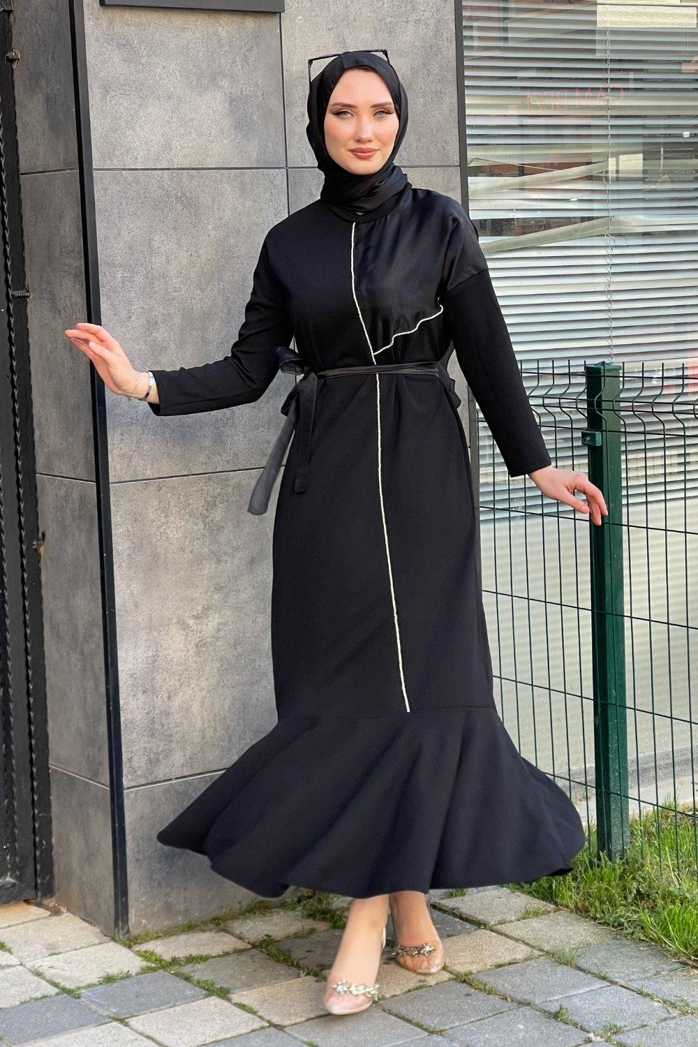 Şerit Taş İşlemeli Krep Abiye Siyah 4324 