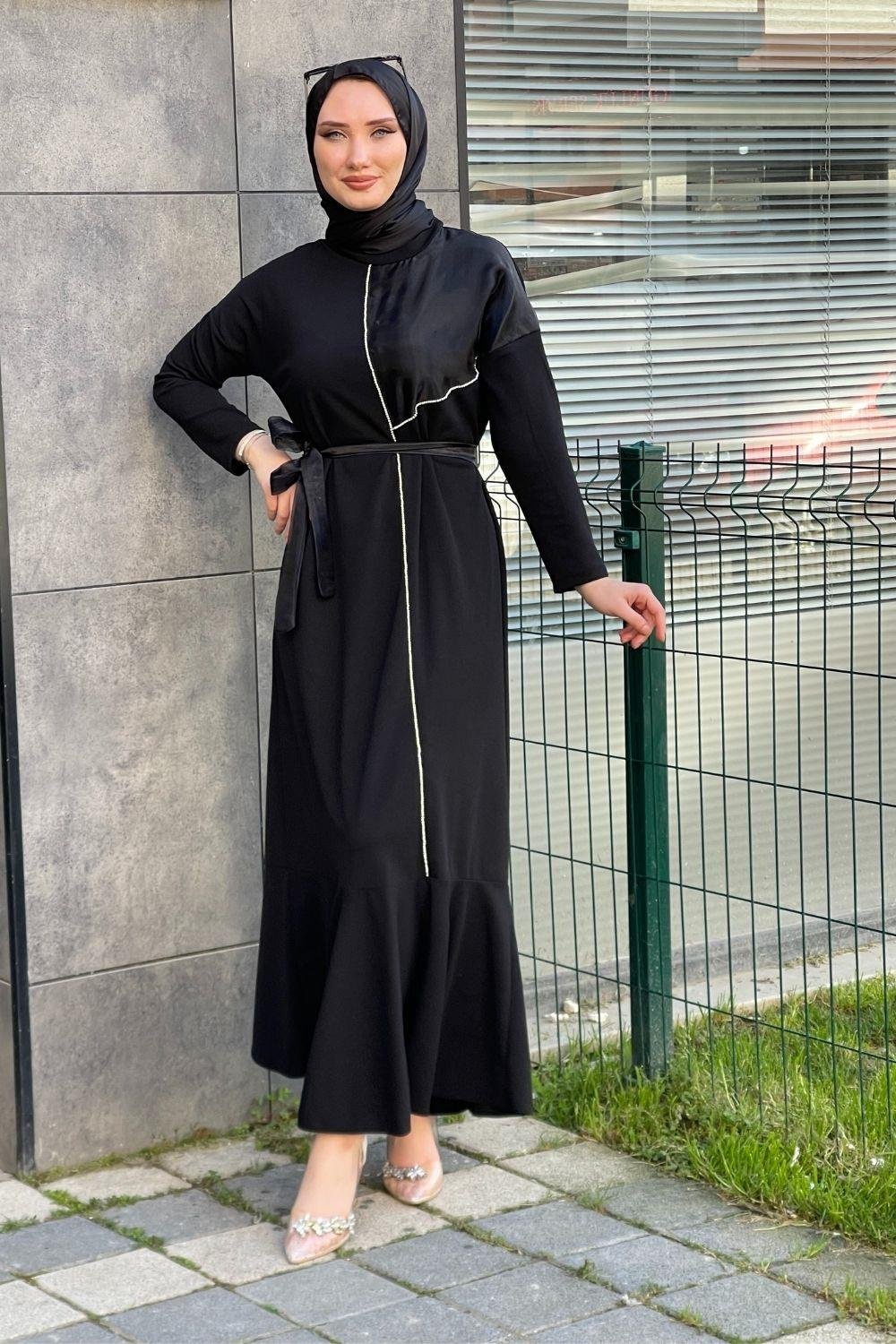 Şerit Taş İşlemeli Krep Abiye Siyah 4324 