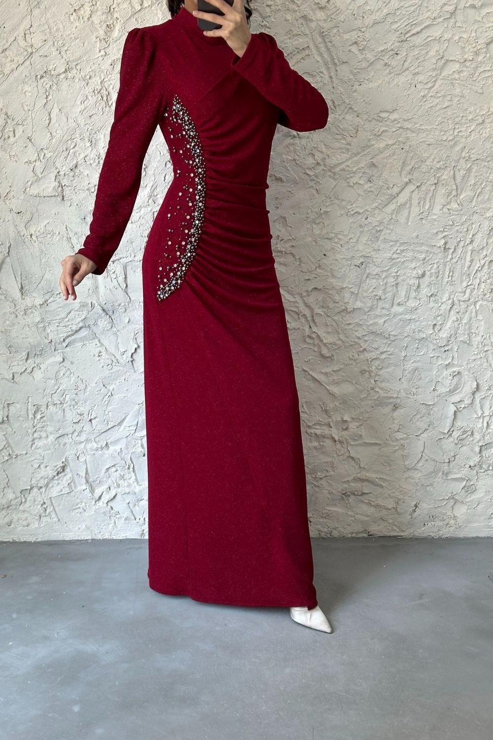 Balık Taş İşlemeli Abiye Bordo 4339 