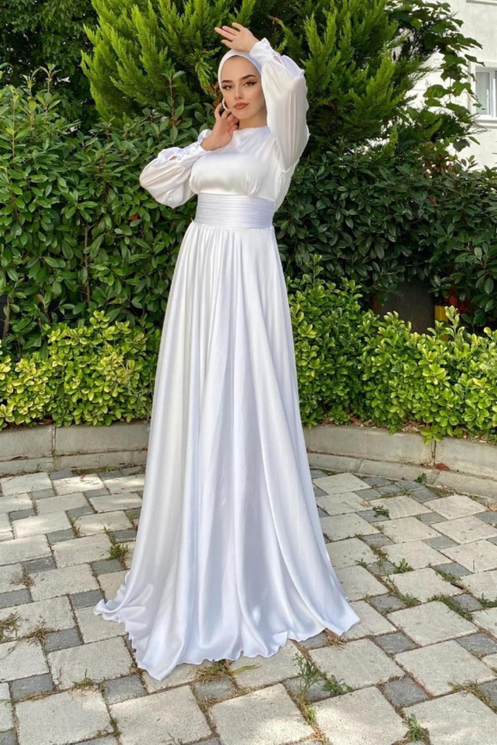 Beli Pilise Detaylı Maxi Tesettür Abiye Beyaz 434000 