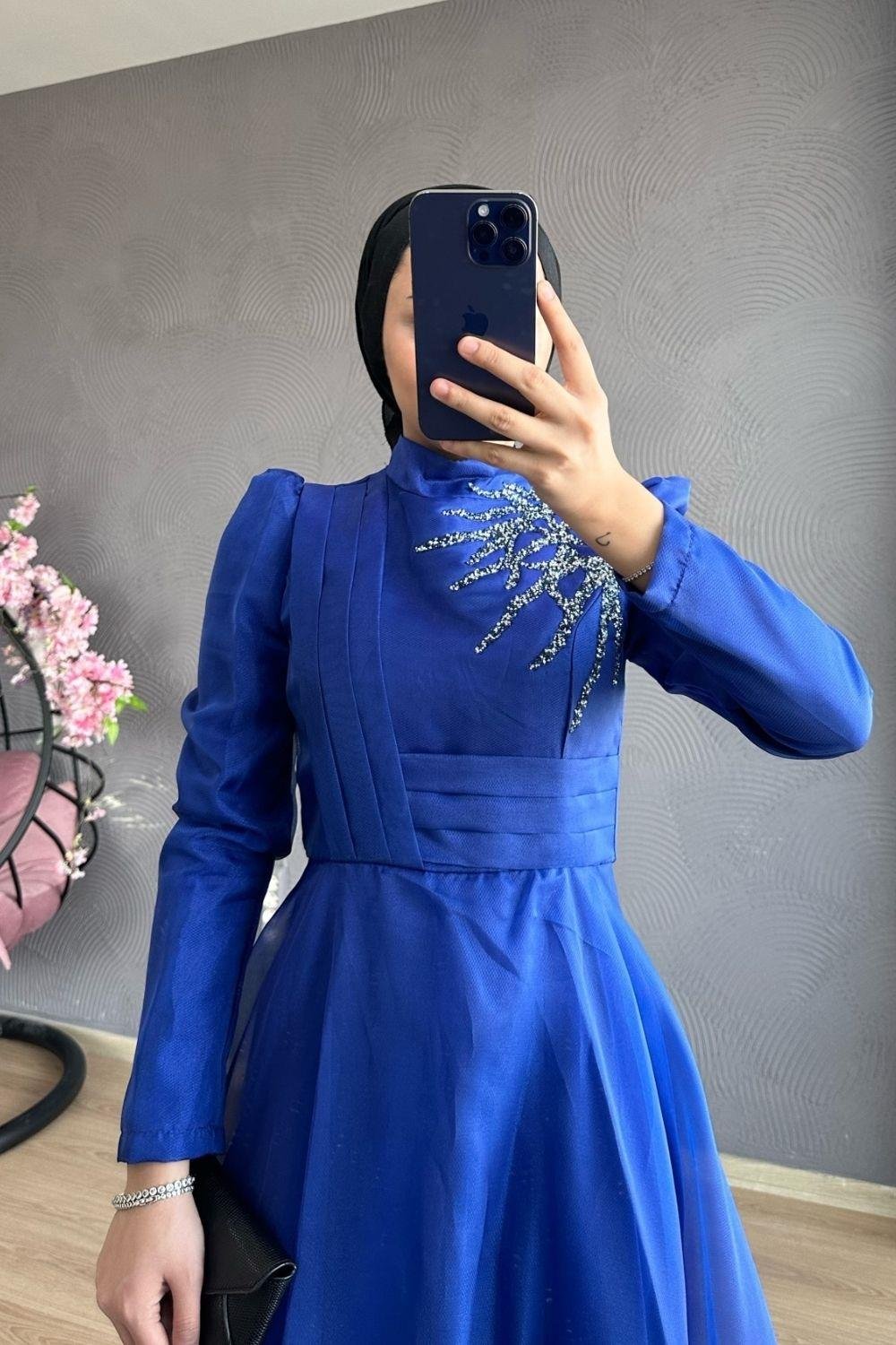 Organize Tül Gögsü Taşlı  Abiye Saks 4345 