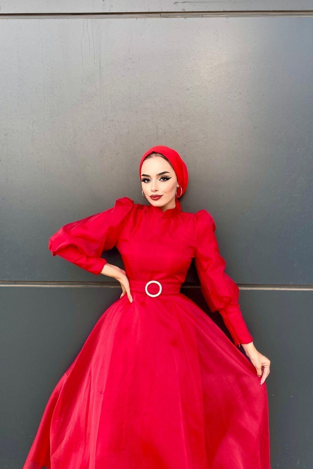 Kemeri Taşlı Abiye Kırmızı 4346 
