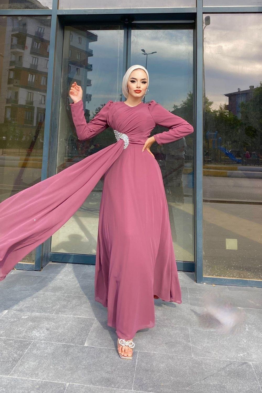 Taş Detaylı Şifon Abiye Pudra 4352 