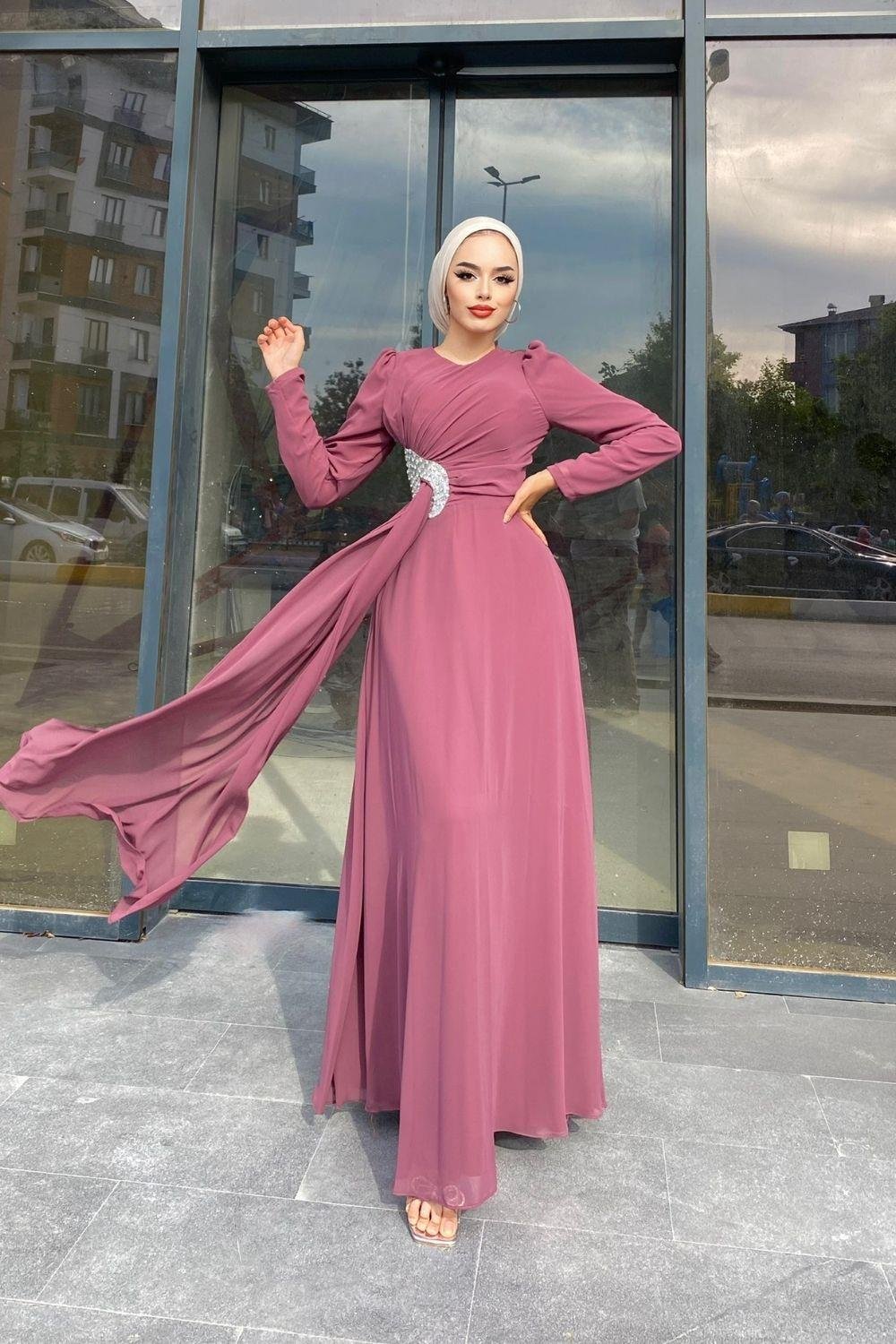 Taş Detaylı Şifon Abiye Pudra 4352 