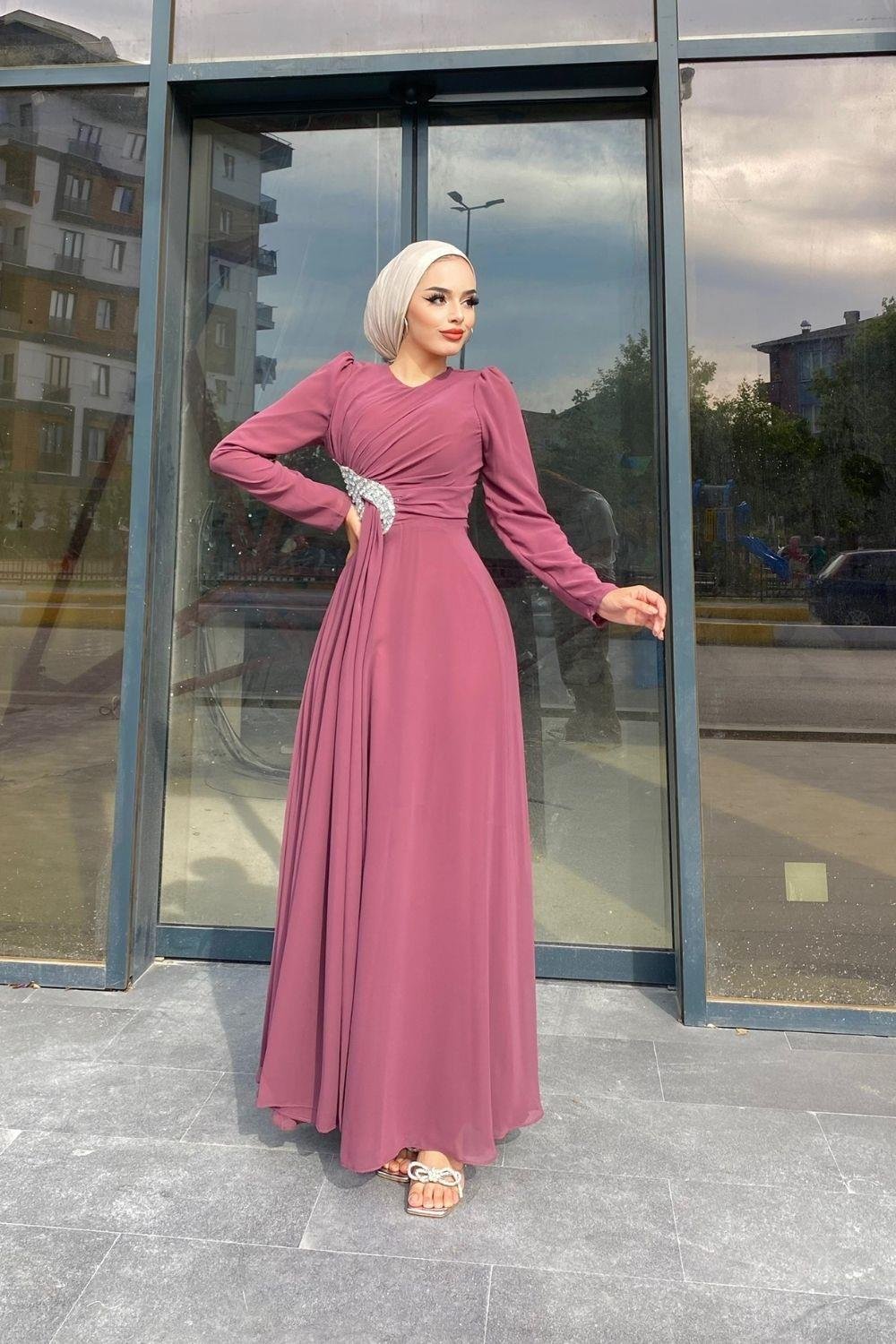 Taş Detaylı Şifon Abiye Pudra 4352 