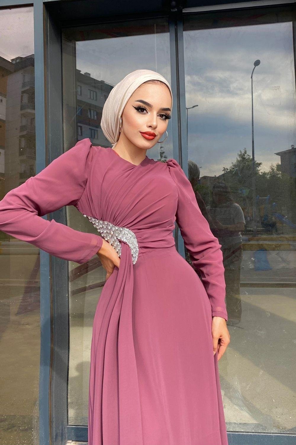 Taş Detaylı Şifon Abiye Pudra 4352 