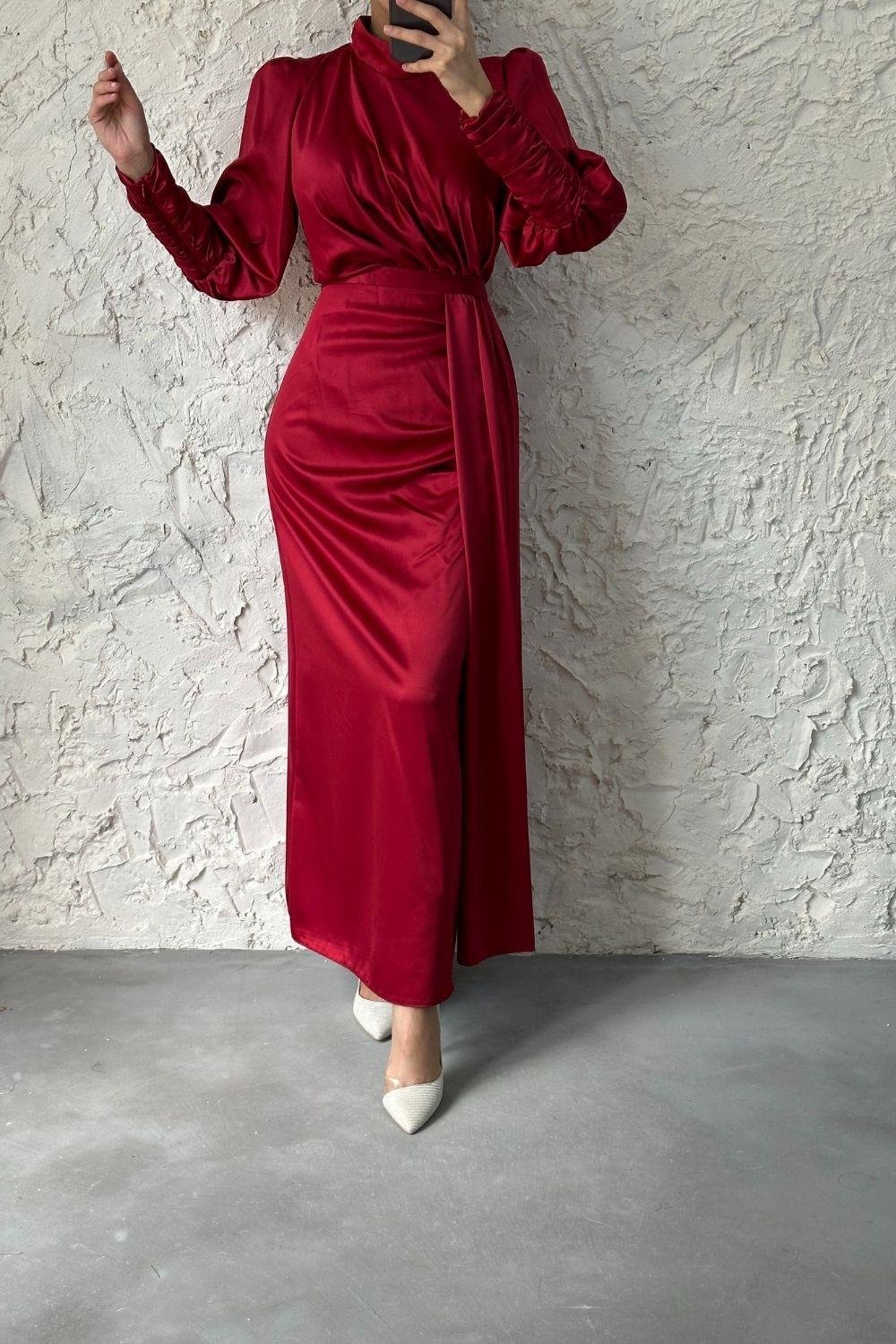 Bilekleri Drape Detay Abiye Bordo 4357 