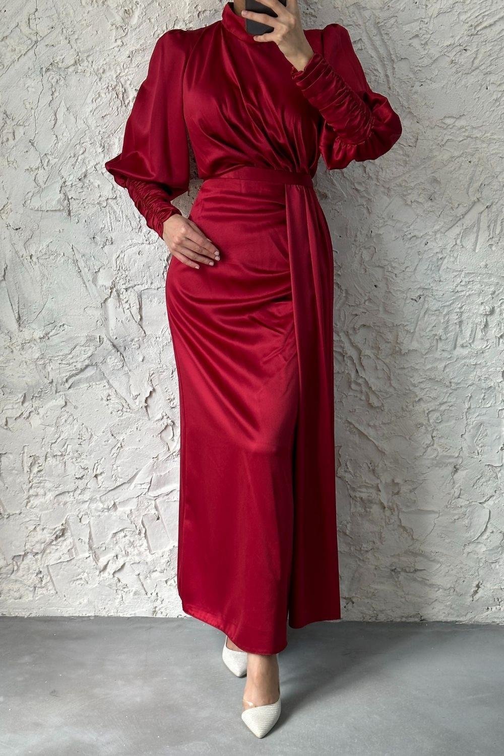 Bilekleri Drape Detay Abiye Bordo 4357 