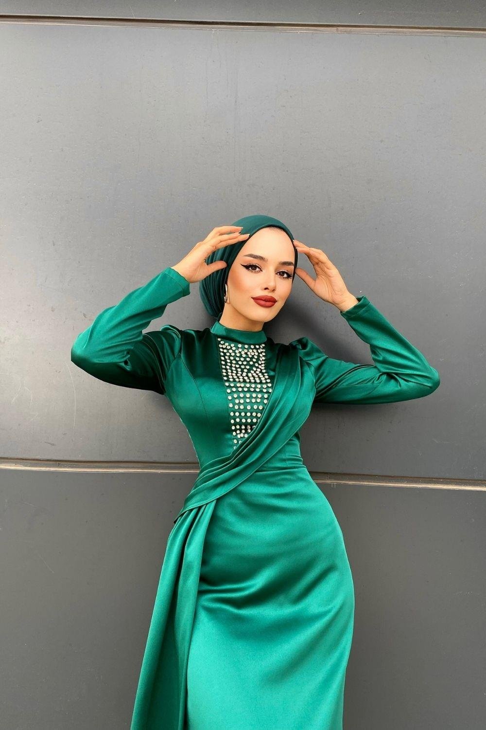 Önü Taş işlemeli Tasarım Abiye Zümrüt 43570 