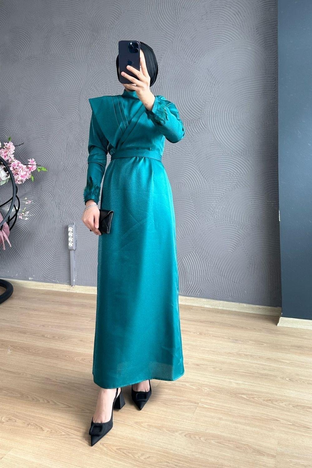 Kol Ucu Tüylü Kafta Abiye Zümrüt 4360 