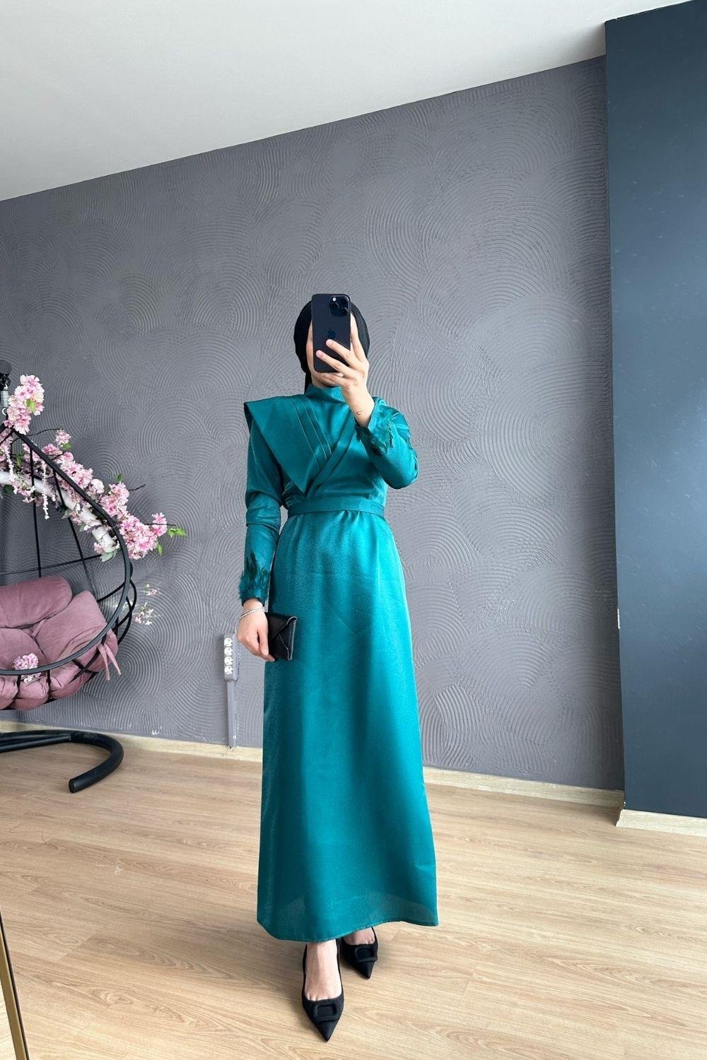 Kol Ucu Tüylü Kafta Abiye Zümrüt 4360 