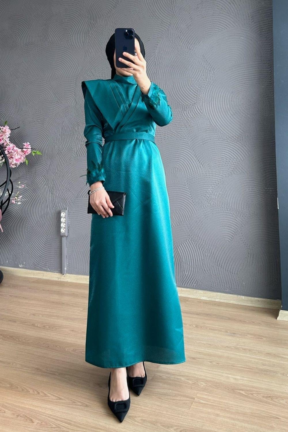 Kol Ucu Tüylü Kafta Abiye Zümrüt 4360 