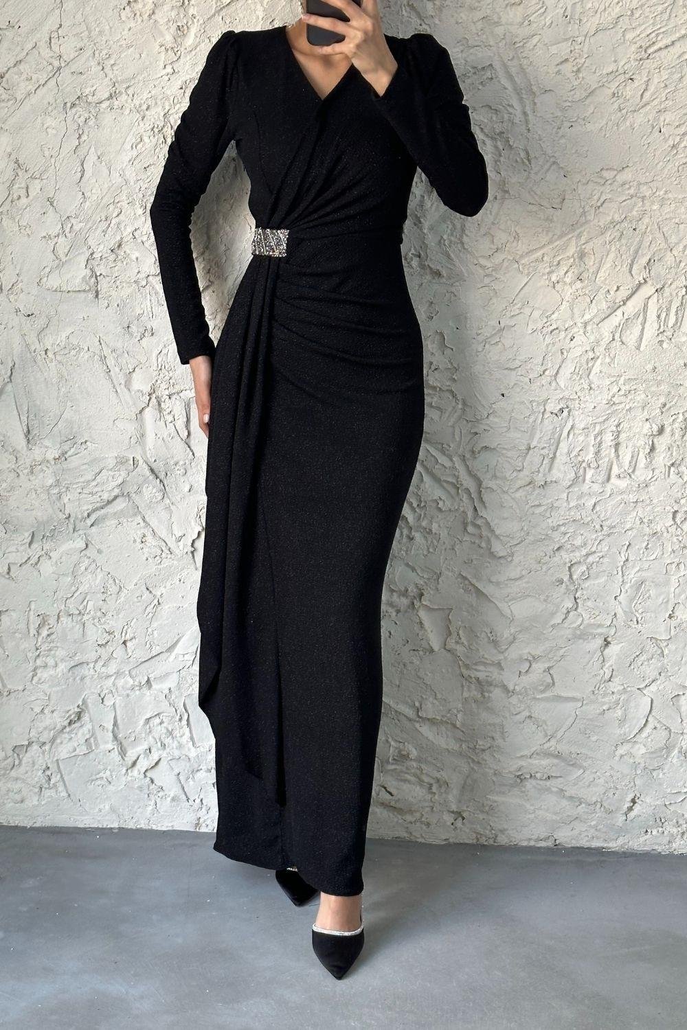 Beli Taşlı Yandan Fırfırlı Abiye Siyah 4368 