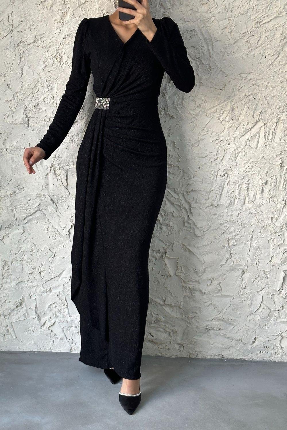 Beli Taşlı Yandan Fırfırlı Abiye Siyah 4368 