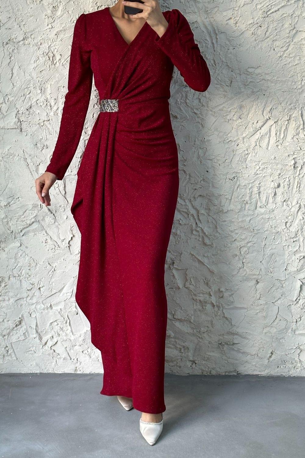 Beli Taşlı Yandan Fırfırlı Abiye Bordo 4368 