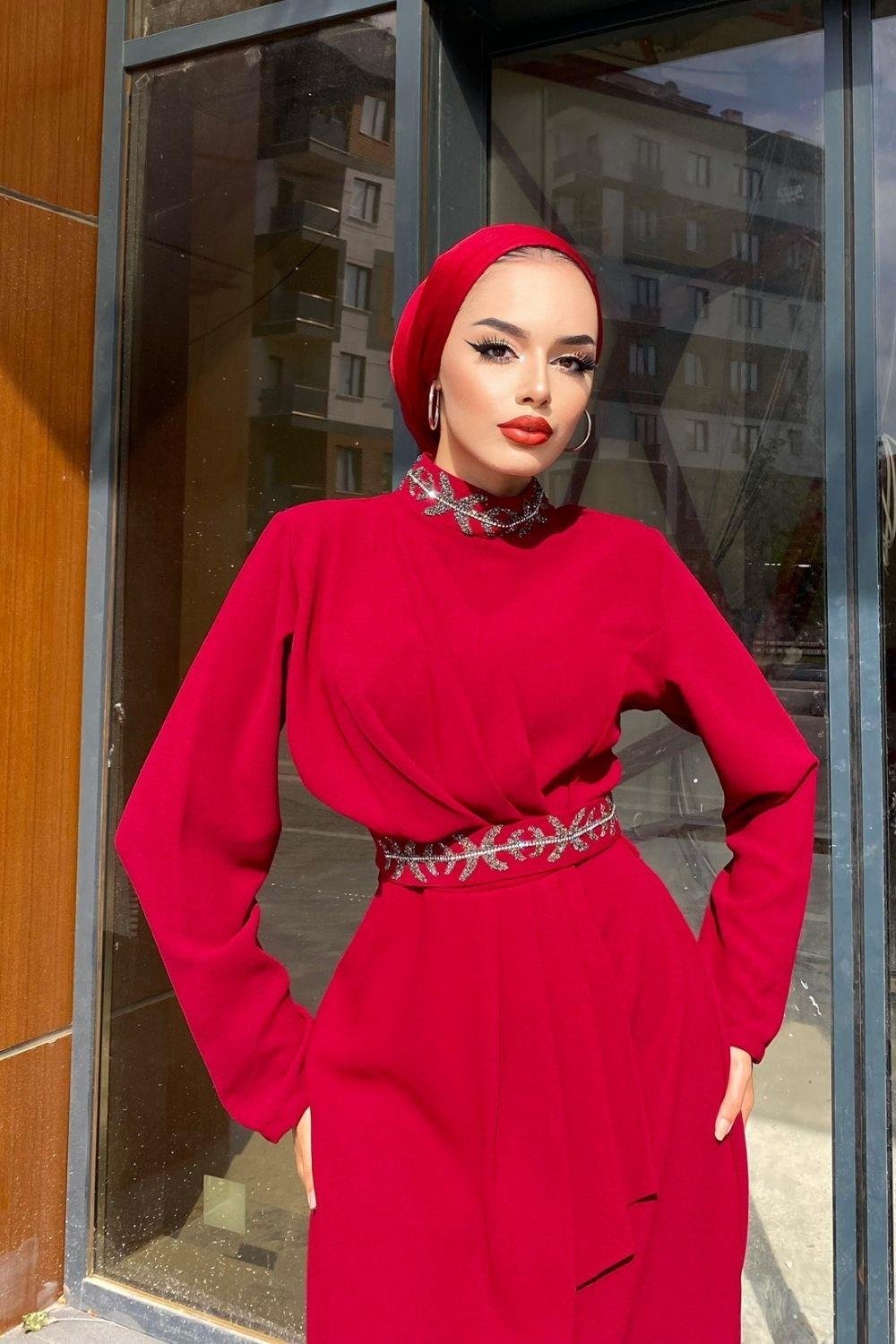 Beli Ve Boynu Taşlı Abiye Bordo 4371 