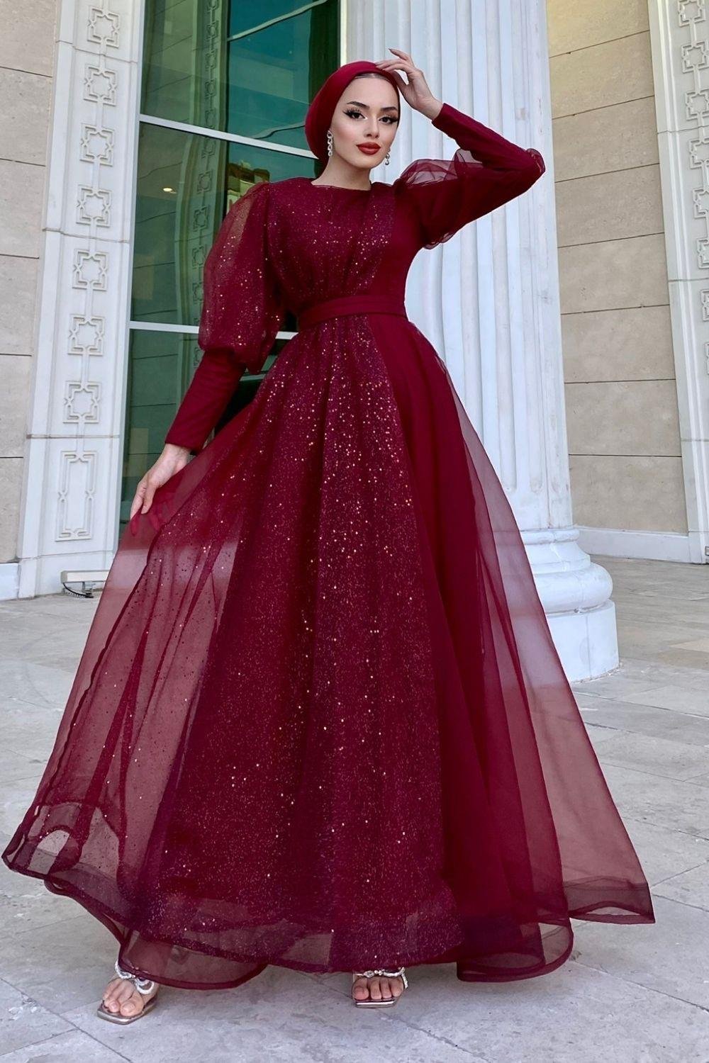 Yarı Pullu Tül Abiye Bordo 4380 