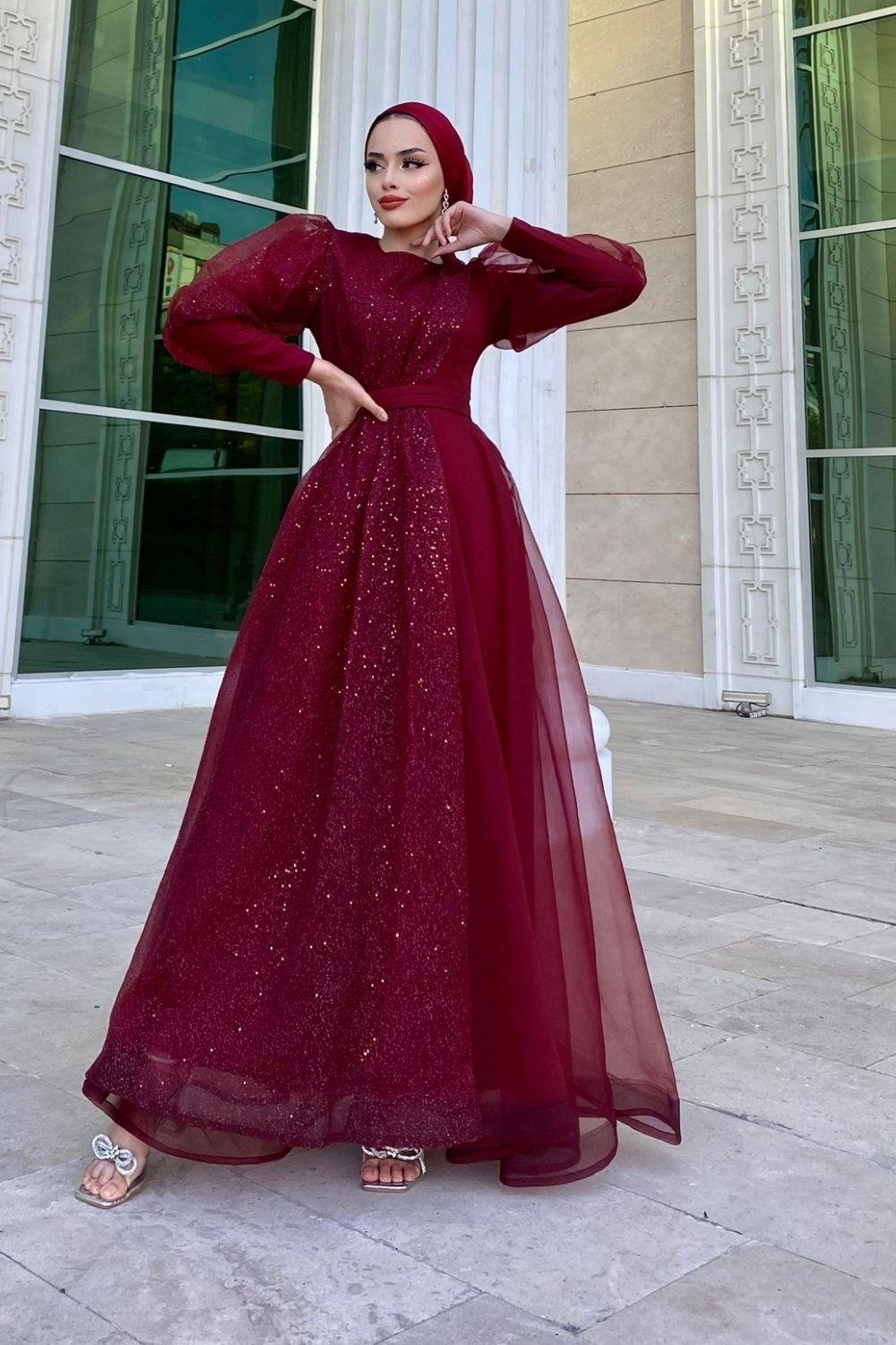 Yarı Pullu Tül Abiye Bordo 4380 