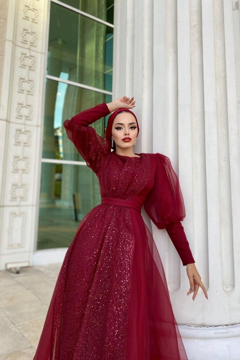 Yarı Pullu Tül Abiye Bordo 4380 
