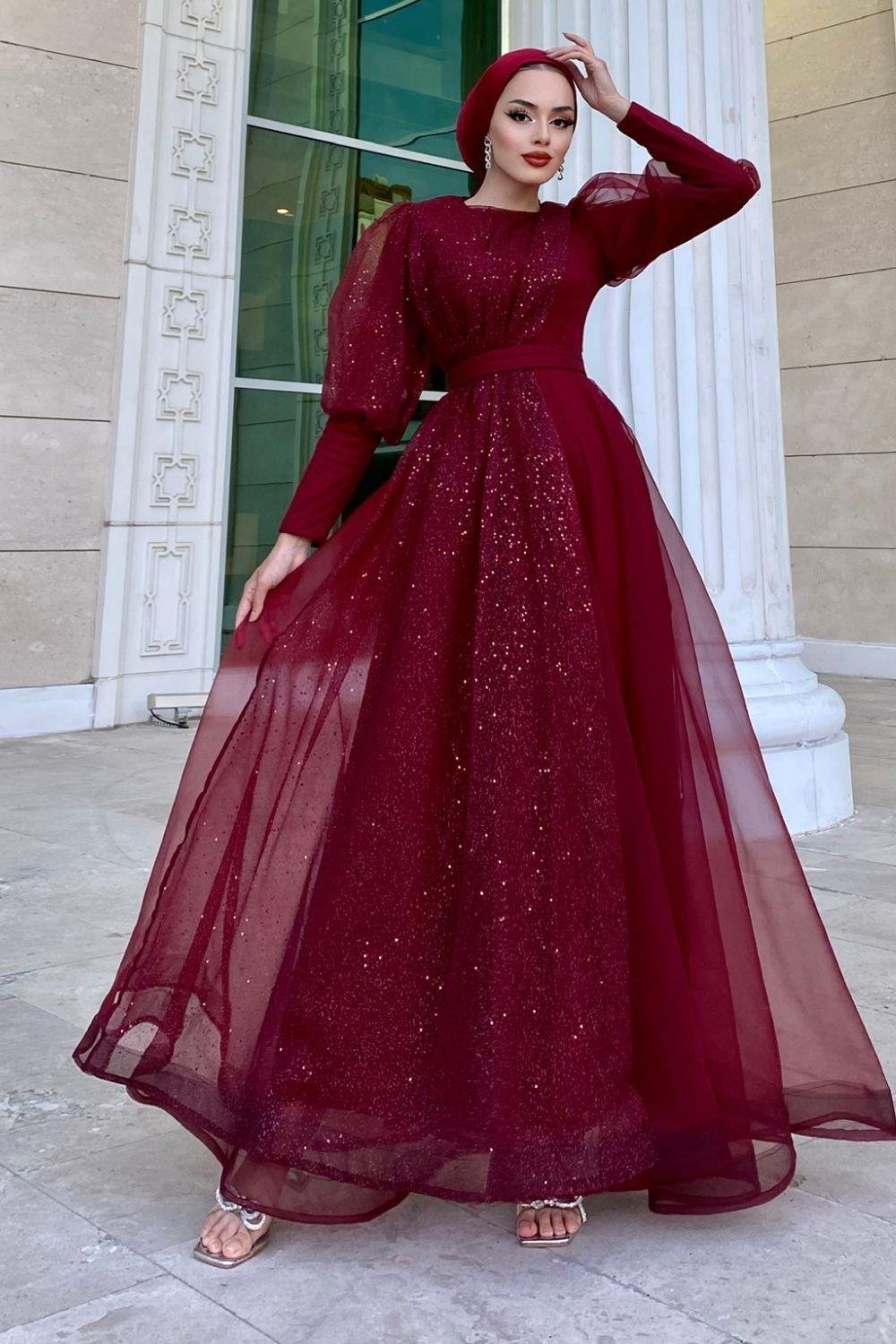 Yarı Pullu Tül Abiye Bordo 4380 