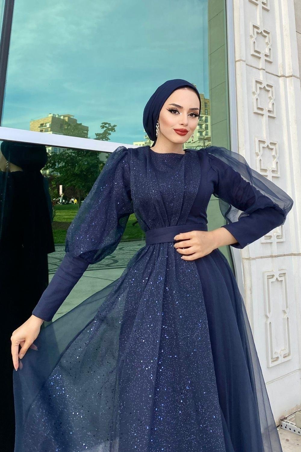 Yarı Pullu Tül Abiye Lacivert 4380 