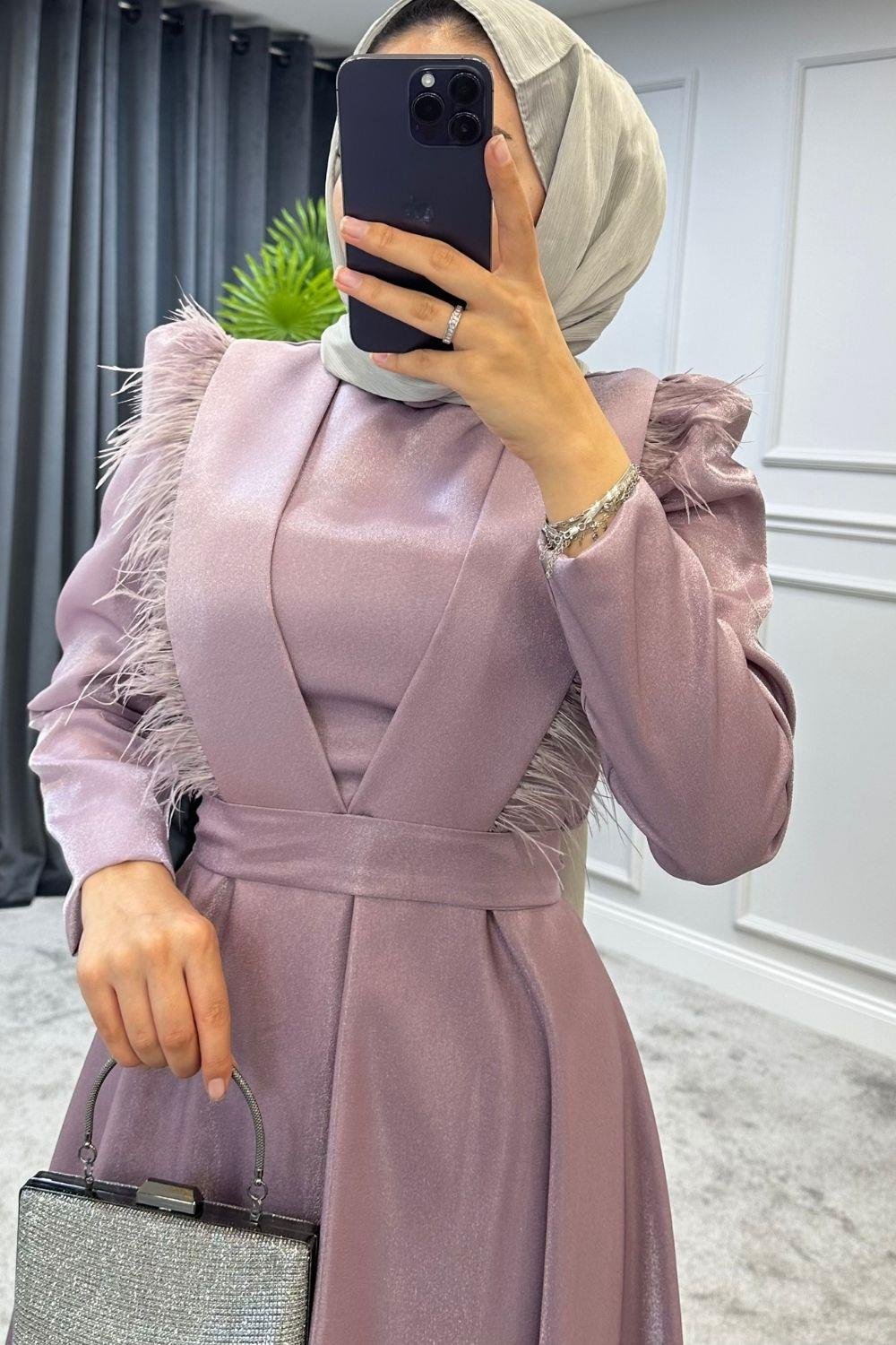 Önü Tüylü Kafta Abiye Lila 4443 