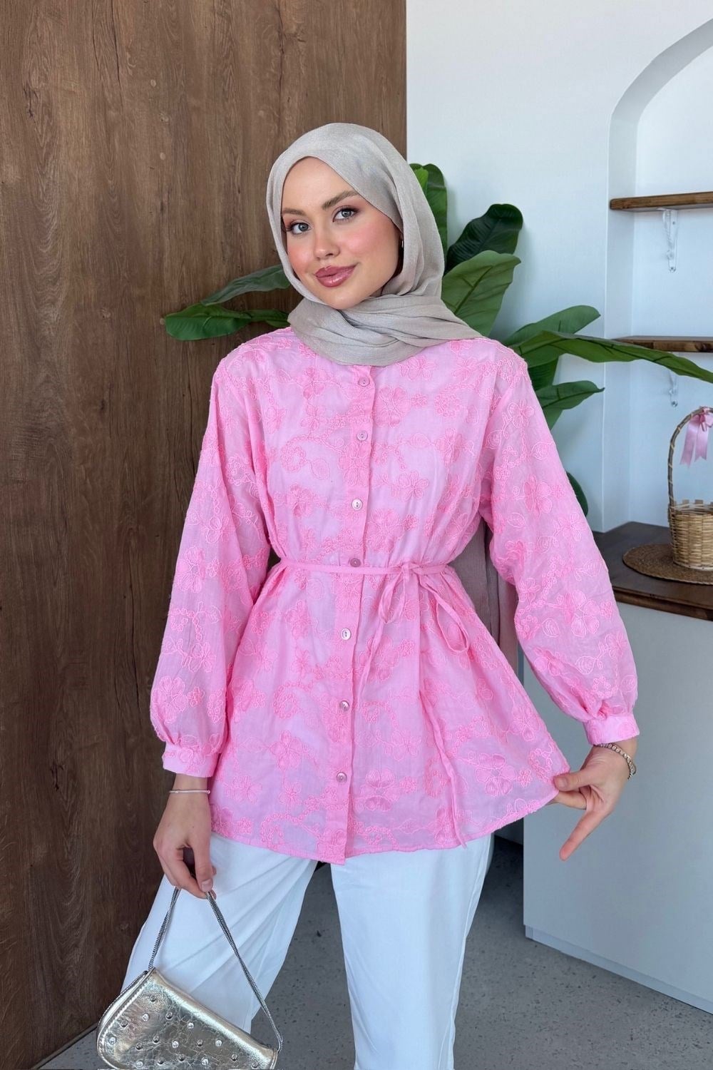 Lade Güpür Gömlek Pembe 4499 