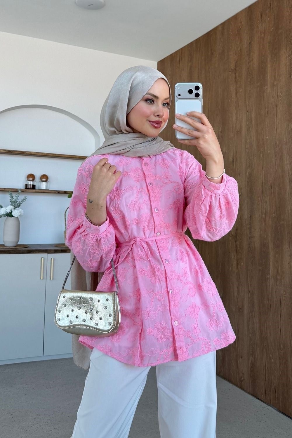 Lade Güpür Gömlek Pembe 4499 