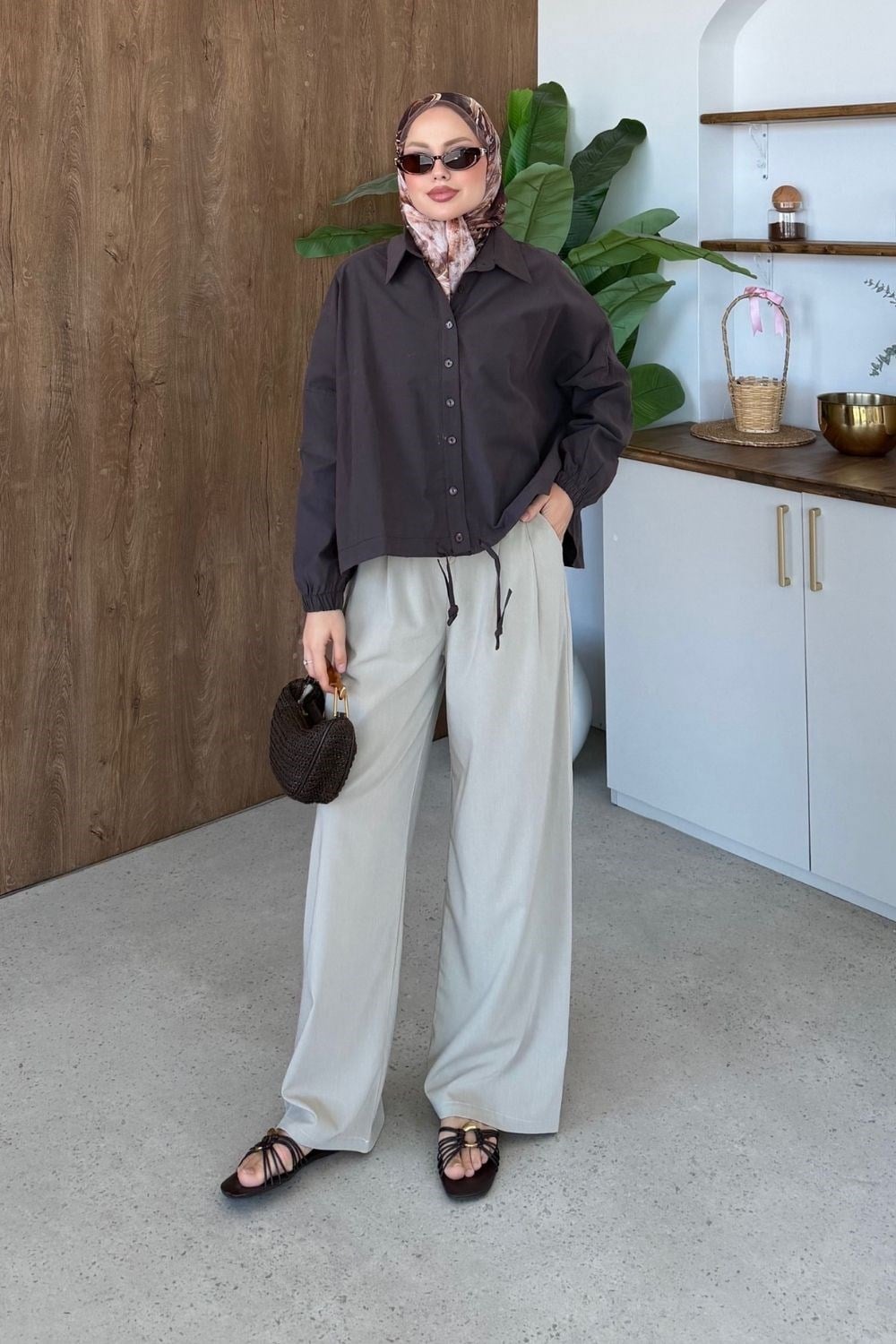 Oversize Poplin Gömlek Kahverengi 4530 