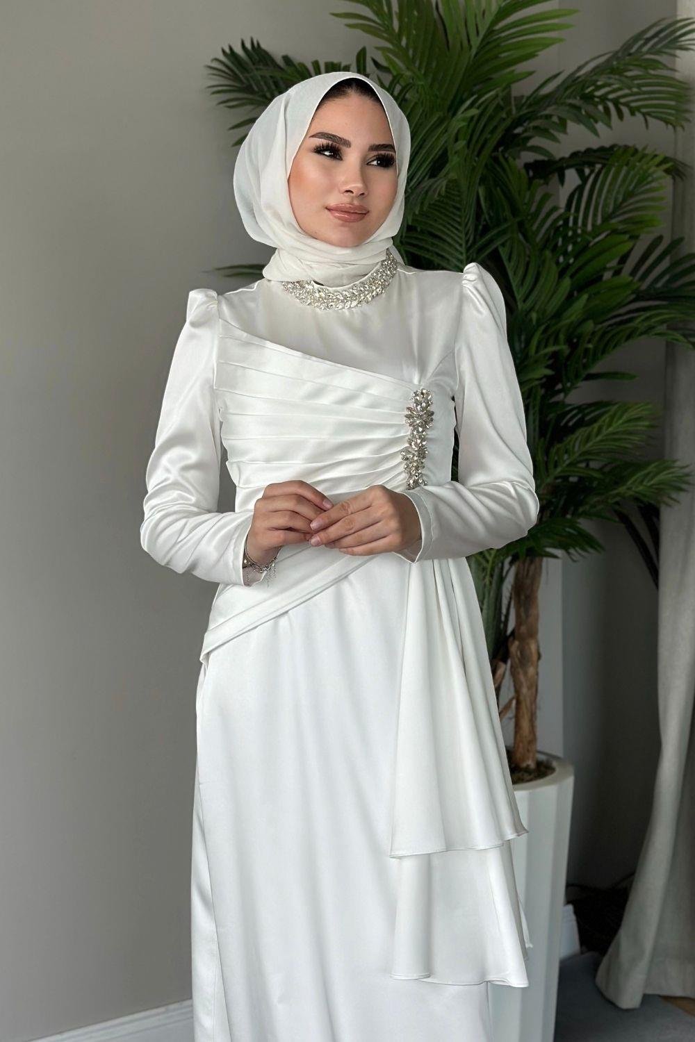 Belden Şık Detaylı Saten Abiye Beyaz 4543 