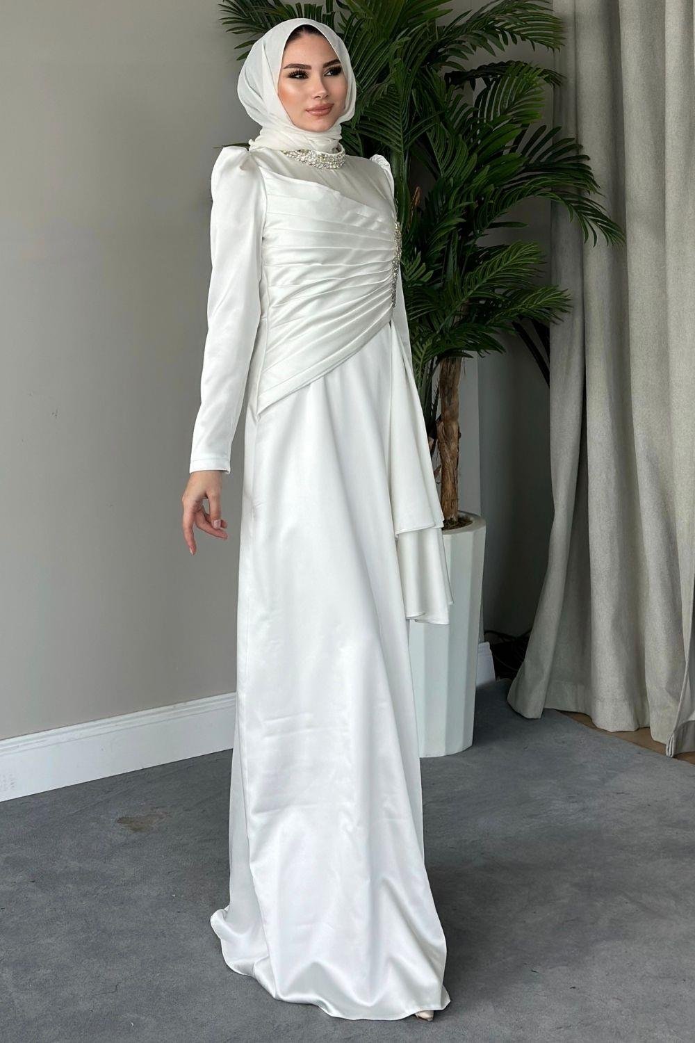 Belden Şık Detaylı Saten Abiye Beyaz 4543 