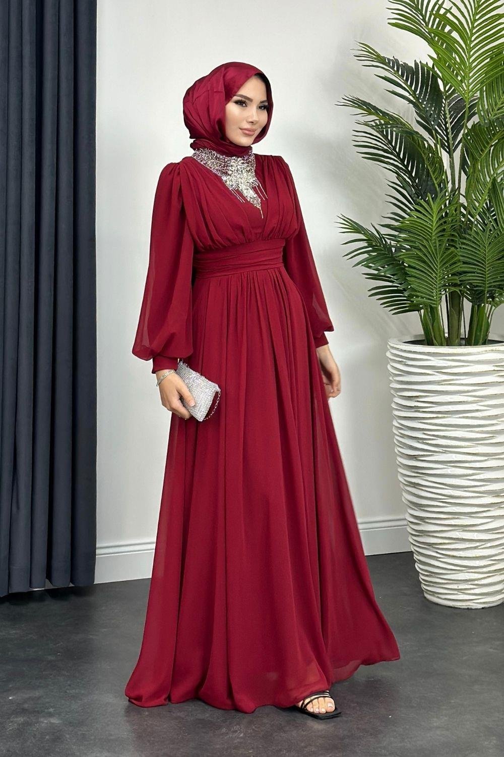 Boynu Taş İşlemeli Şifon Abiye Bordo 4554 