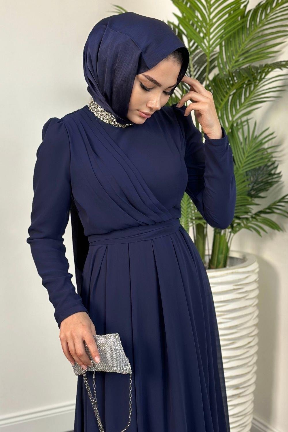 Yaka Taşlı Altı Dantelli Abiye Lacivert 4562 