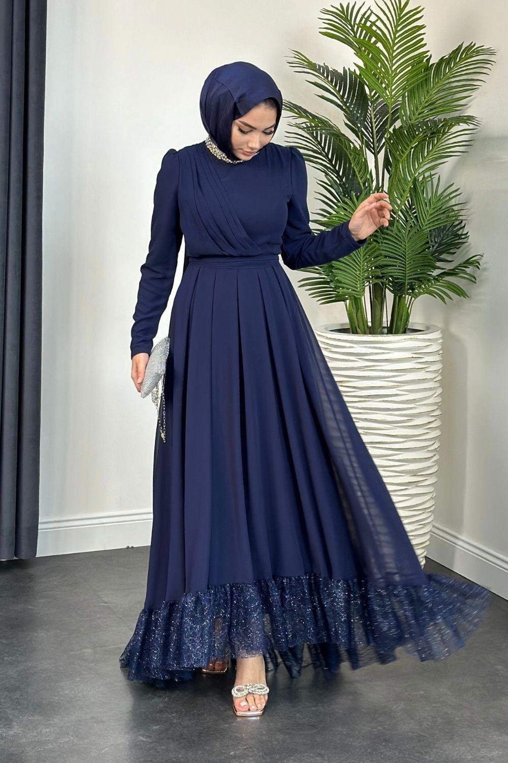 Yaka Taşlı Altı Dantelli Abiye Lacivert 4562 